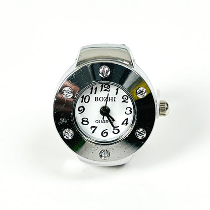 A BOZHI quartz wristwatch with a round silver-tone case, white dial, black numerals, and rhinestone accents on a white background.