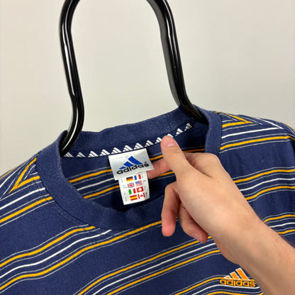 90s Adidas Striped T-Shirt Blue Large