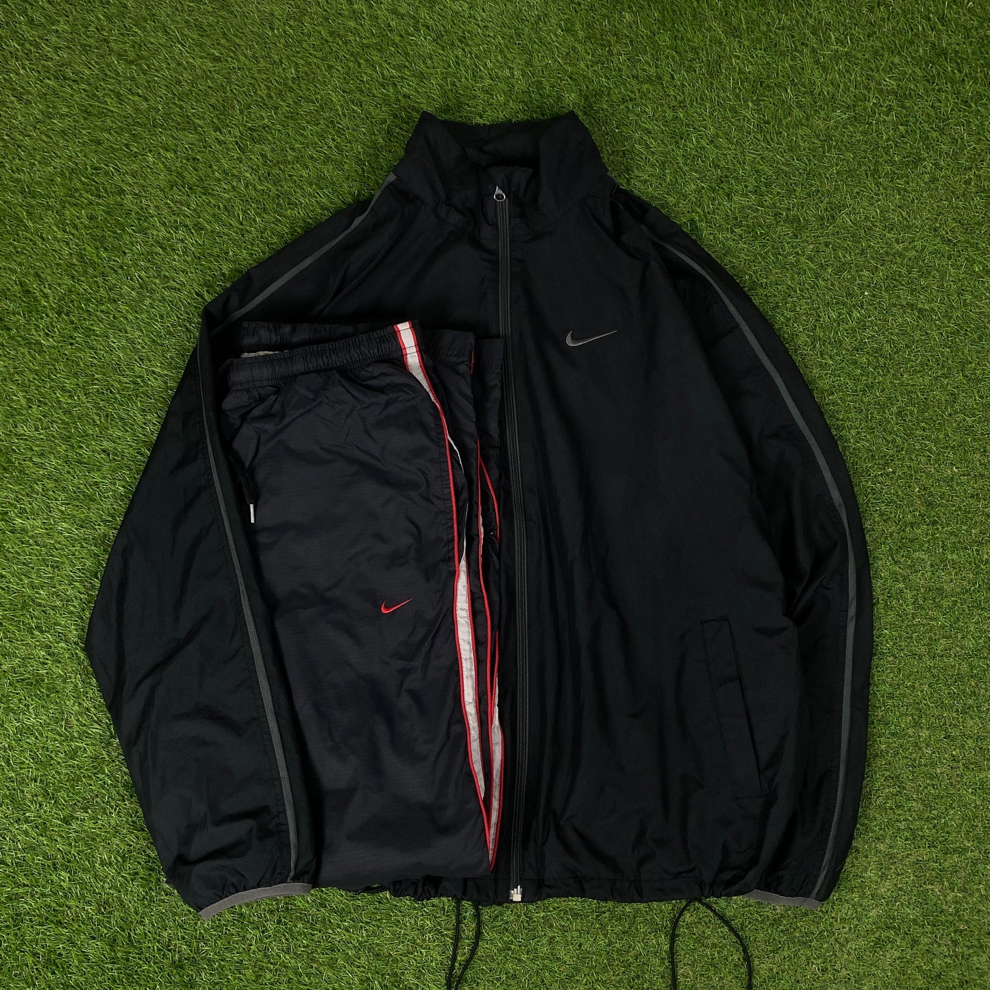 00s Nike Piping Windbreaker Tracksuit Set Jacket + Joggers Black XL