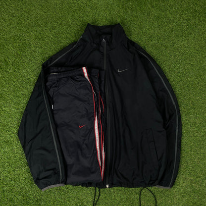 00s Nike Piping Windbreaker Tracksuit Set Jacket + Joggers Black XL