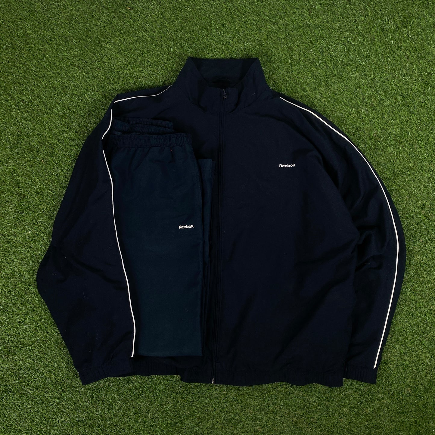 Retro Reebok Piping Windbreaker Tracksuit Set Jacket + Joggers Blue XL