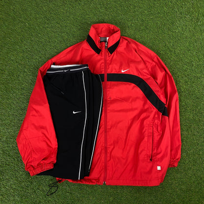 00s Nike Piping Windbreaker Jacket + Joggers Set Red Medium