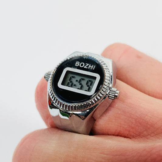 Retro Adjustable Digital Watch Ring Silver Black