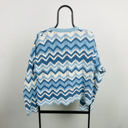 Retro 90s Crochet Knit Sweatshirt Blue Small