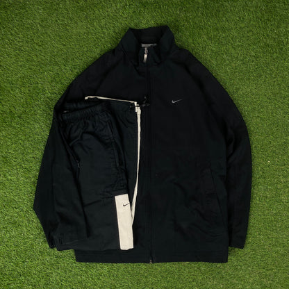 90s Nike Piping Windbreaker Tracksuit Set Jacket + Joggers Black XL
