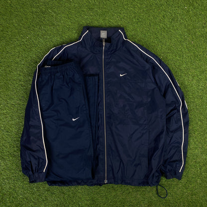 00s Nike Piping Windbreaker Tracksuit Set Jacket + Joggers Blue XL