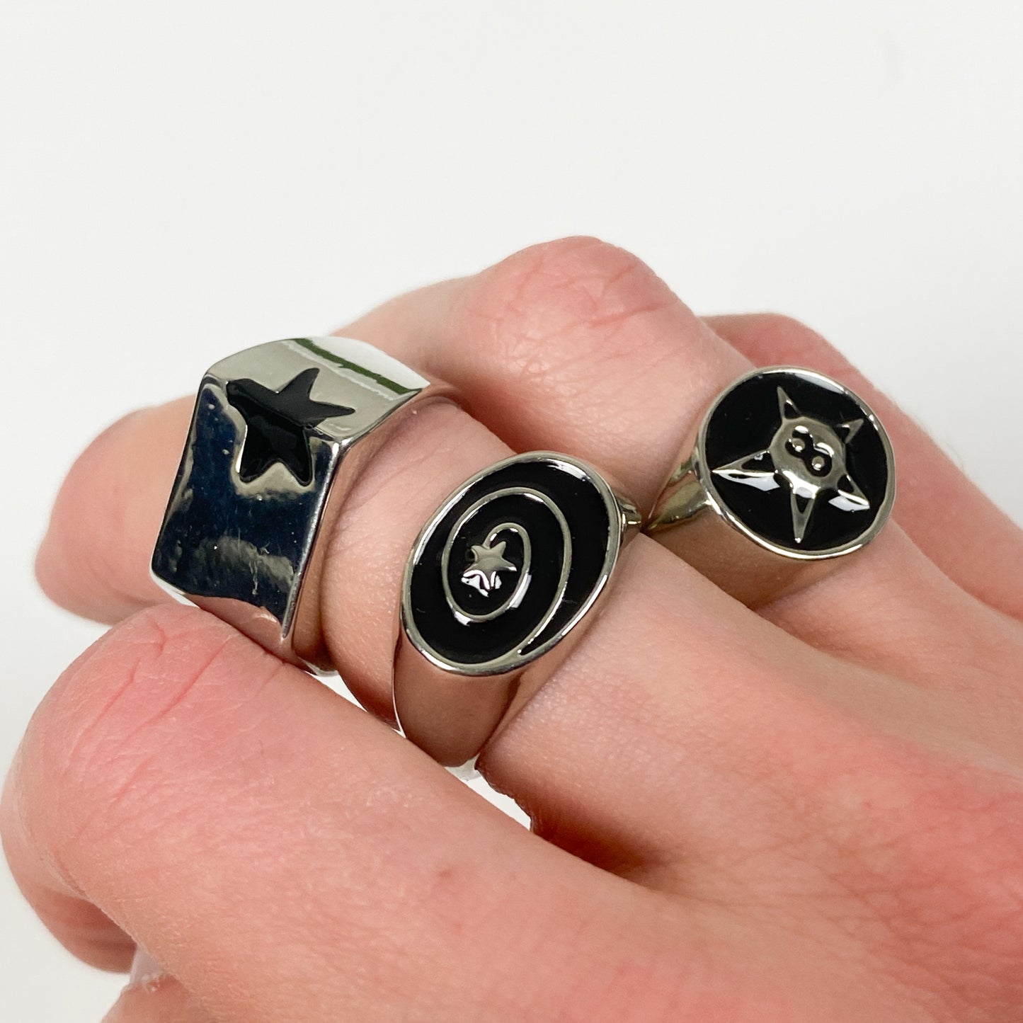 Adjustable Chunky Star Ring Silver Black