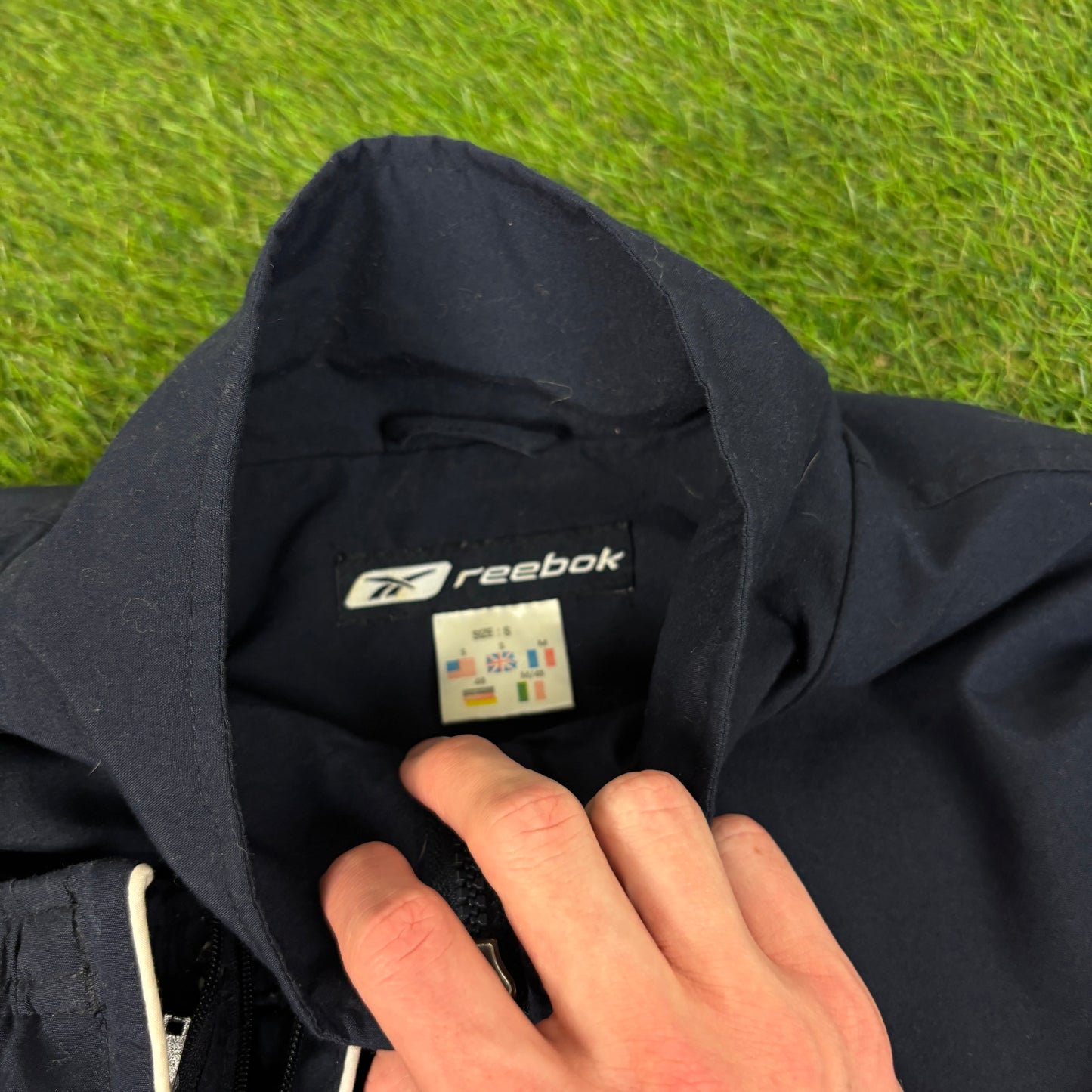 00s Reebok Piping Windbreaker Jacket + Joggers Set Blue Small