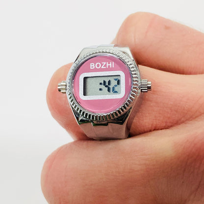 Retro Adjustable Digital Watch Ring Silver Pink