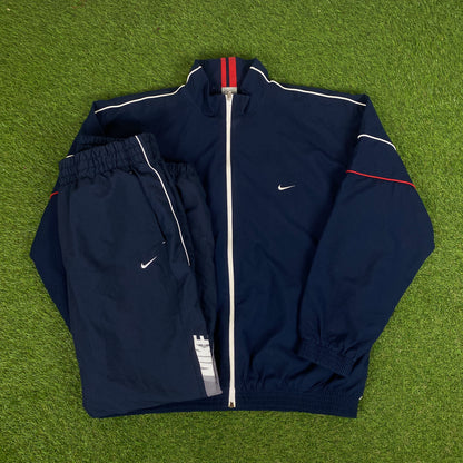 00s Nike Piping Windbreaker Tracksuit Set Jacket + Joggers Blue XL