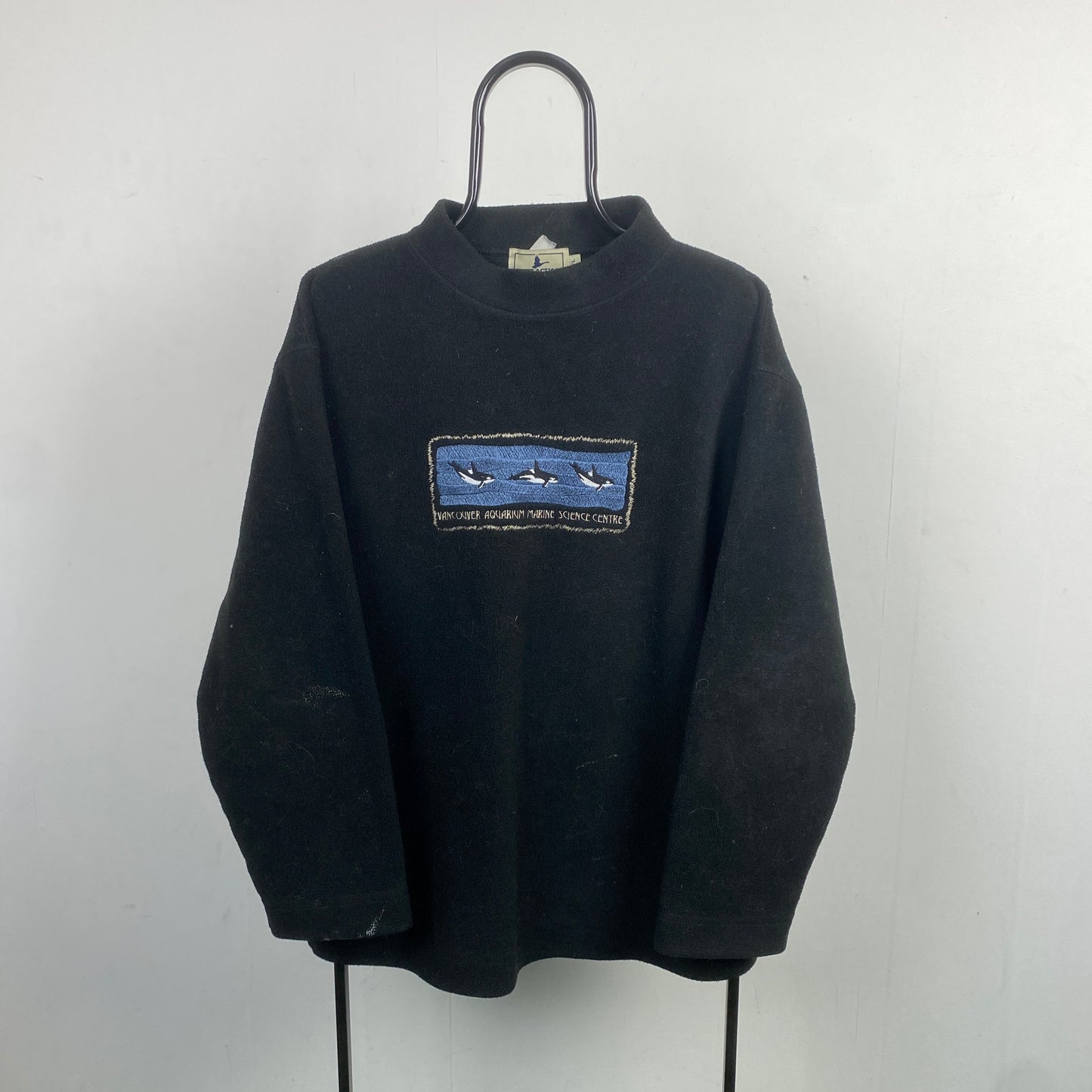 Retro 90s Vancouver Whale Fleece Sweatshirt Black Large