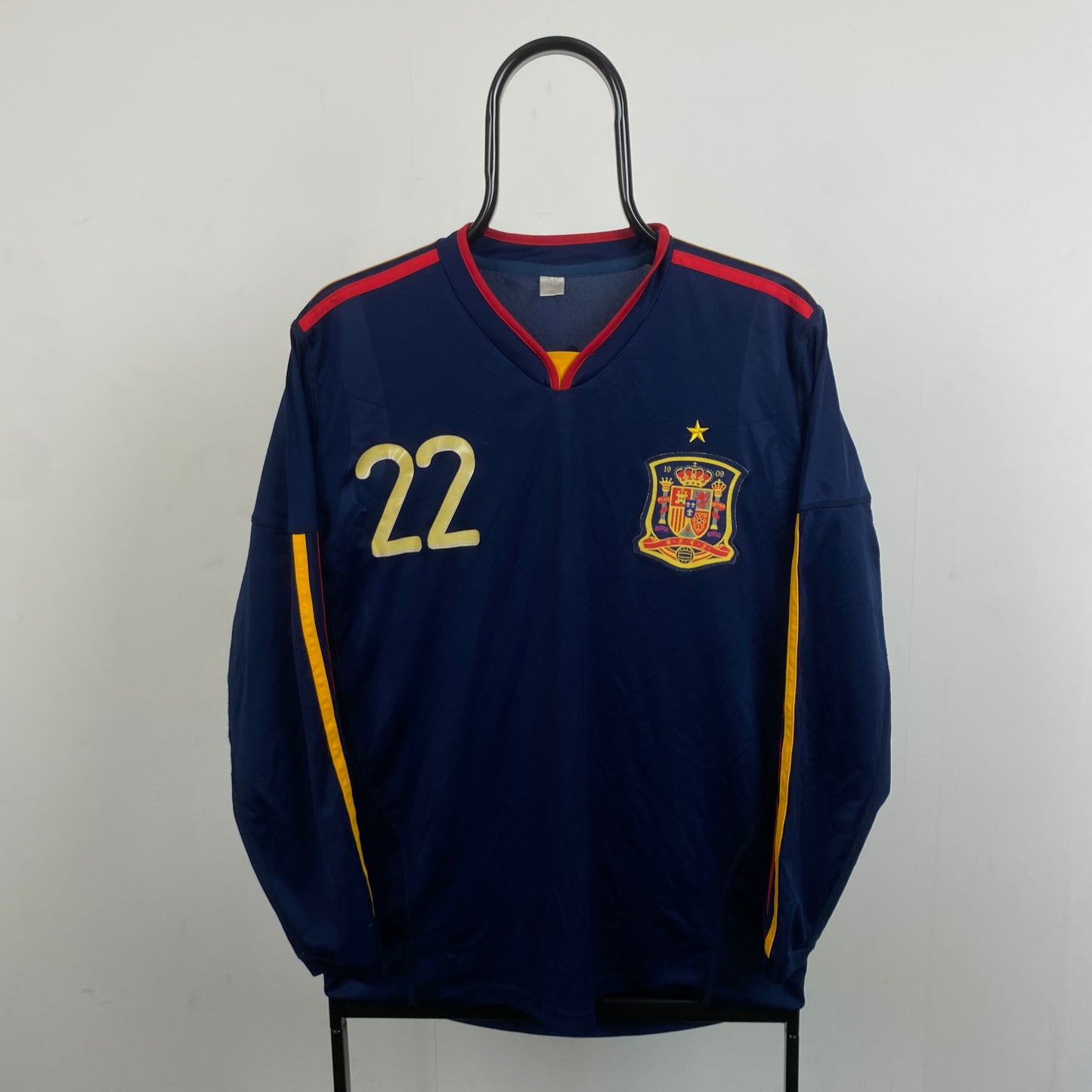 Retro Spain Fan Style Football Shirt T-Shirt Blue Large