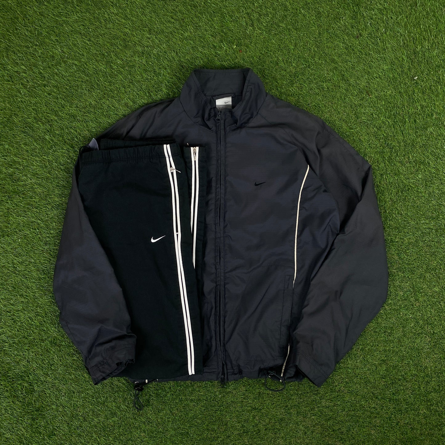 00s Nike Piping Windbreaker Jacket + Joggers Set Grey Small