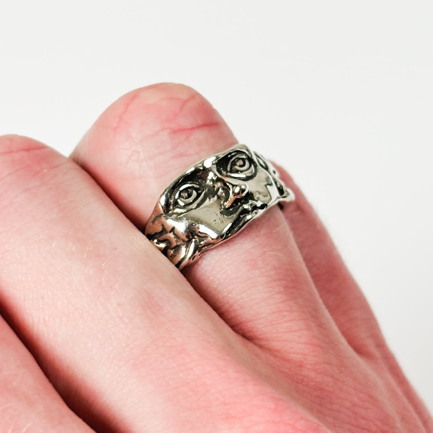 Carved Face Ring Silver