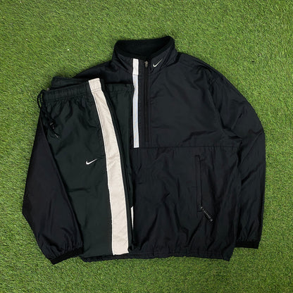 00s Nike Piping Windbreaker Jacket + Joggers Tracksuit Set Black Medium