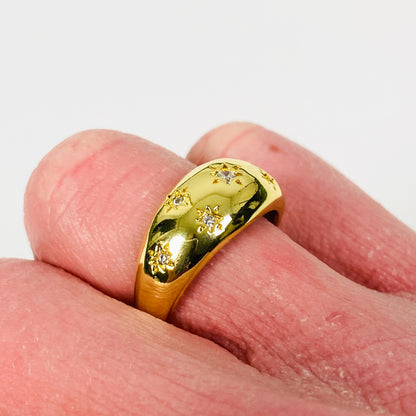 Adjustable Engraved Star Dome Ring Gold