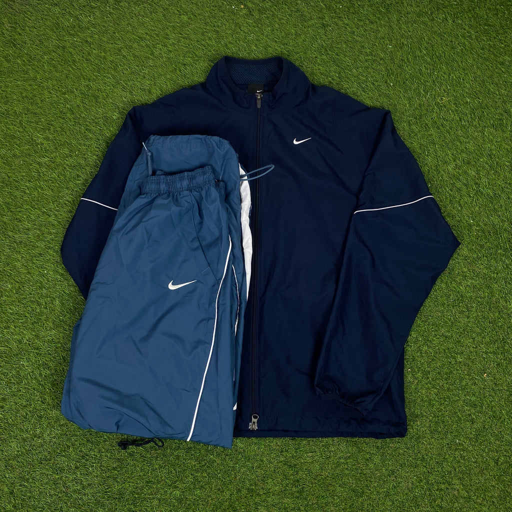 00s Nike Piping Windbreaker Jacket + Joggers Set Blue Medium