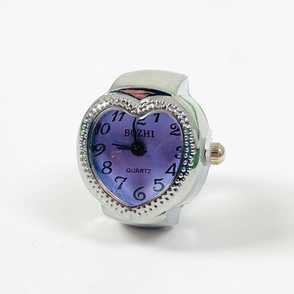 Retro Adjustable Heart Watch Ring Silver Purple