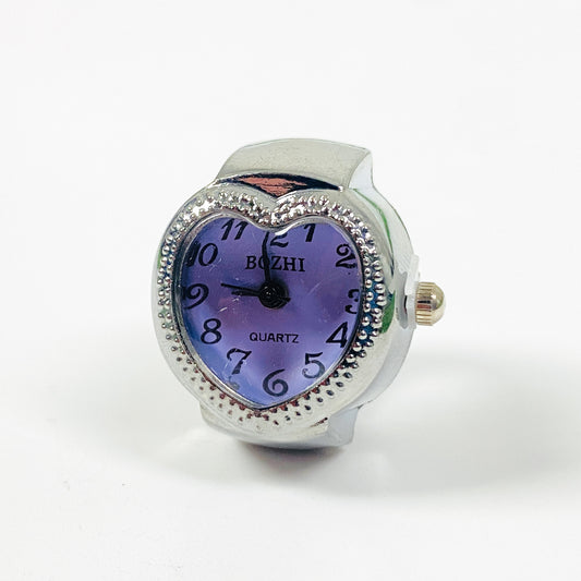 Retro Adjustable Heart Watch Ring Silver Purple