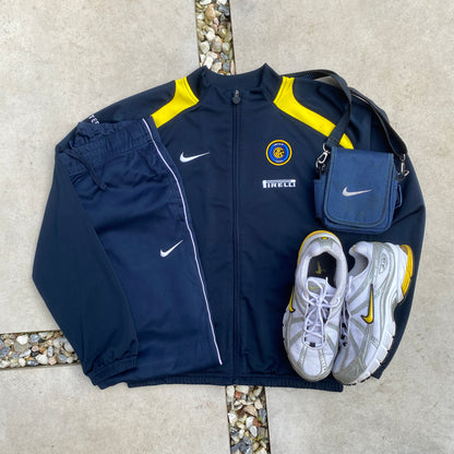 90s Nike Inter Milan Piping Windbreaker Jacket + Joggers Set Blue Small