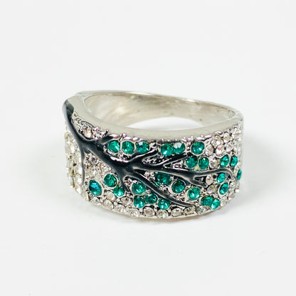 Retro Gemstone Tree Ring Silver Emerald