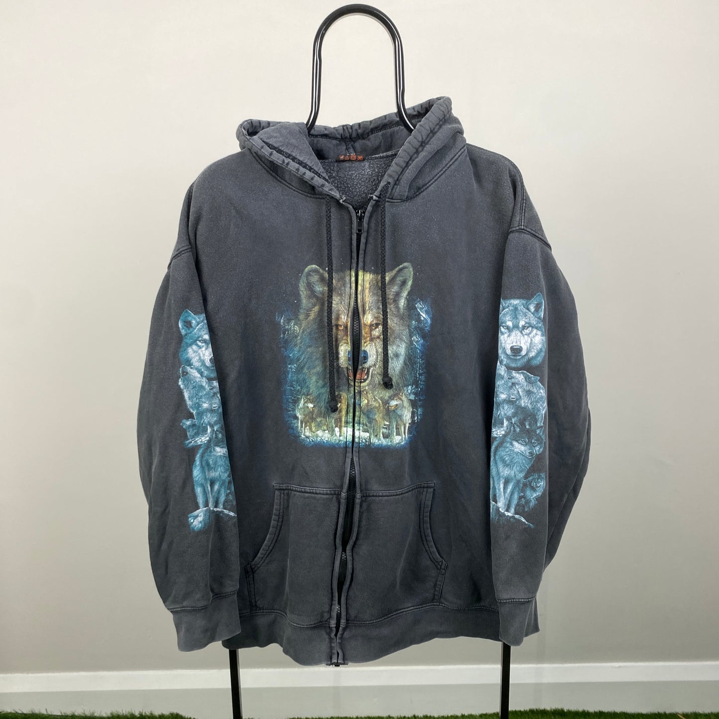 90s Wild Wolf Zip Hoodie Black XL