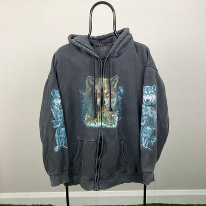 90s Wild Wolf Zip Hoodie Black XL