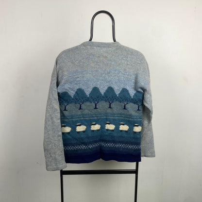 Retro Sheep Wool Knit Sweatshirt Blue Small