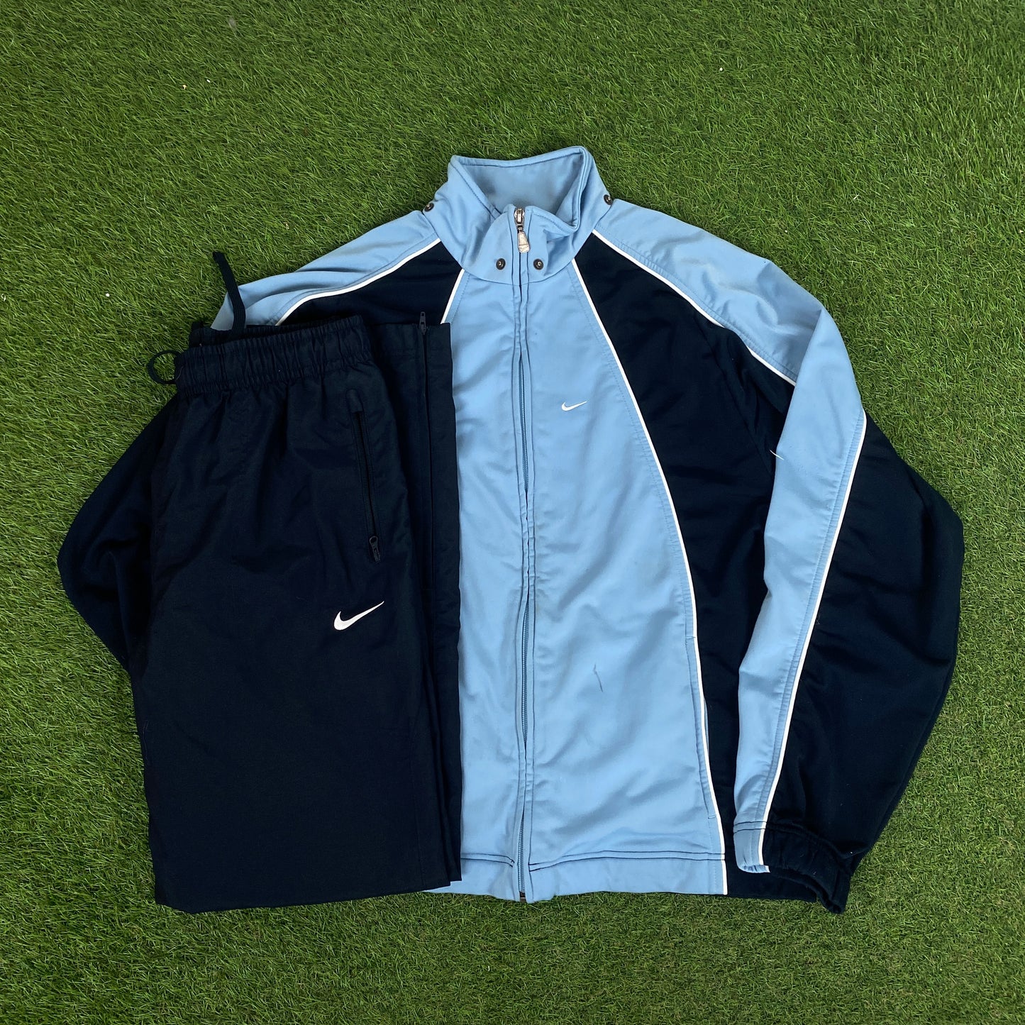 00s Nike Piping Windbreaker Jacket + Joggers Set Blue Medium