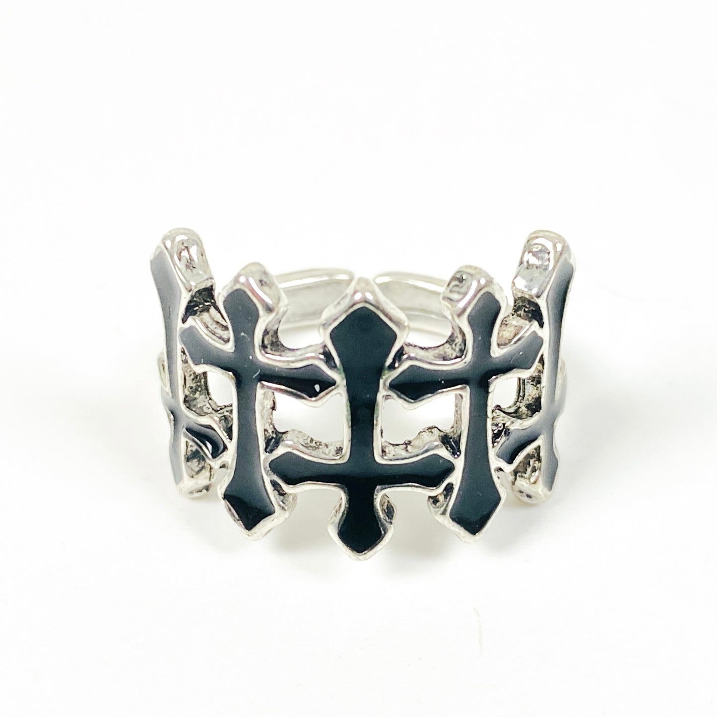 Adjustable Antique Enamel Cross Ring Silver