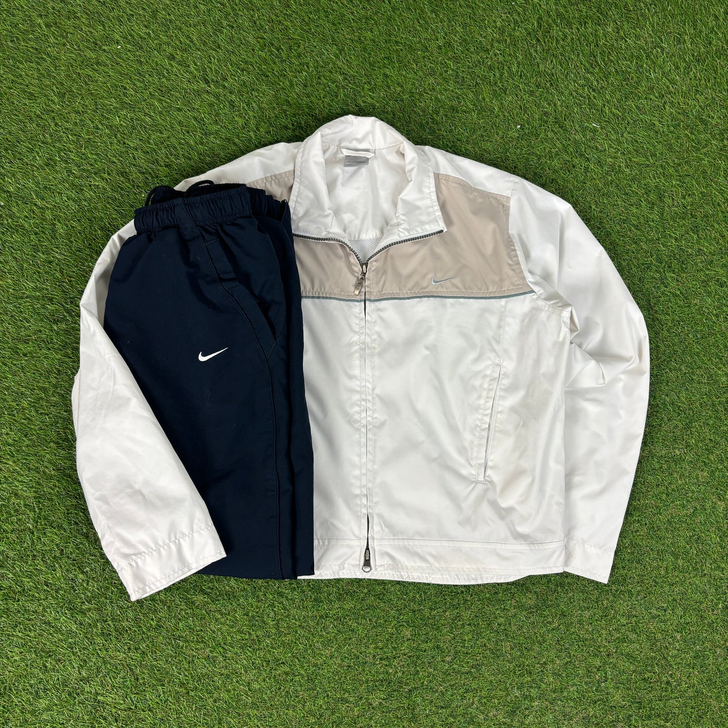 00s Nike Piping Windbreaker Jacket + Joggers Set White Medium