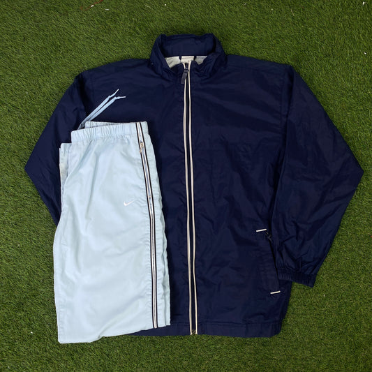 00s Nike Piping Windbreaker Jacket + Joggers Set Blue Small