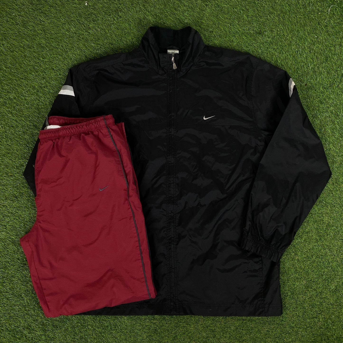 00s Nike Piping Windbreaker Tracksuit Set Jacket + Joggers Black XL