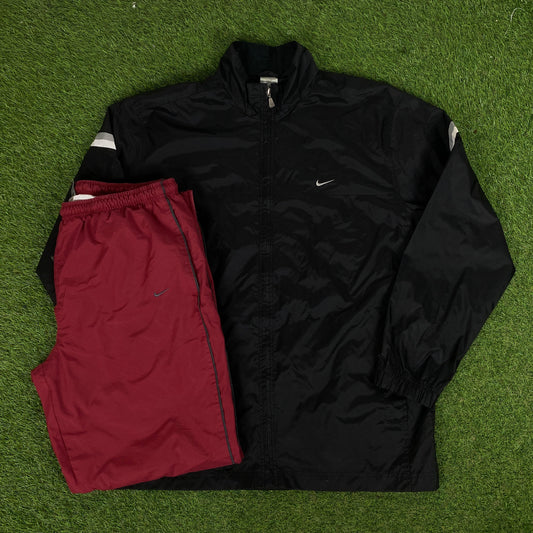 00s Nike Piping Windbreaker Tracksuit Set Jacket + Joggers Black XL