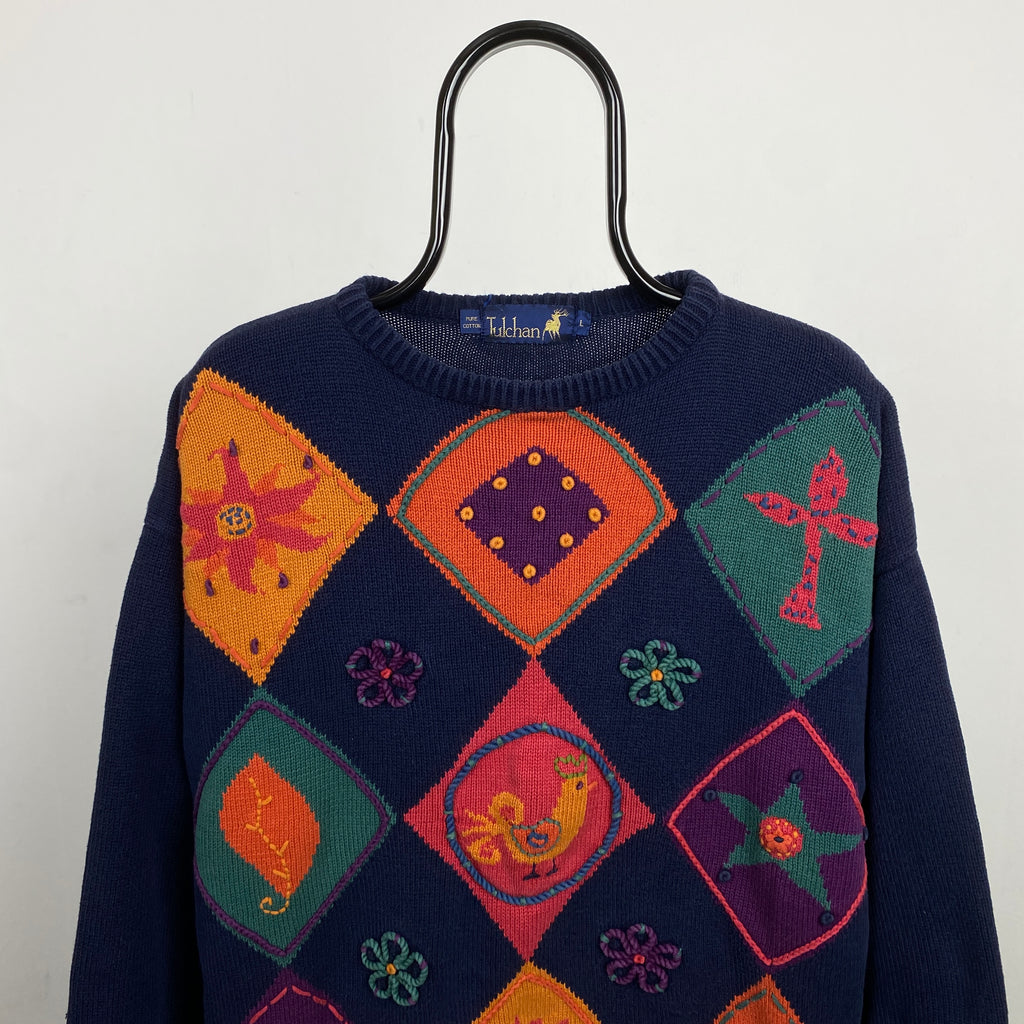 Retro Tulchan Knit Sweatshirt Blue Large