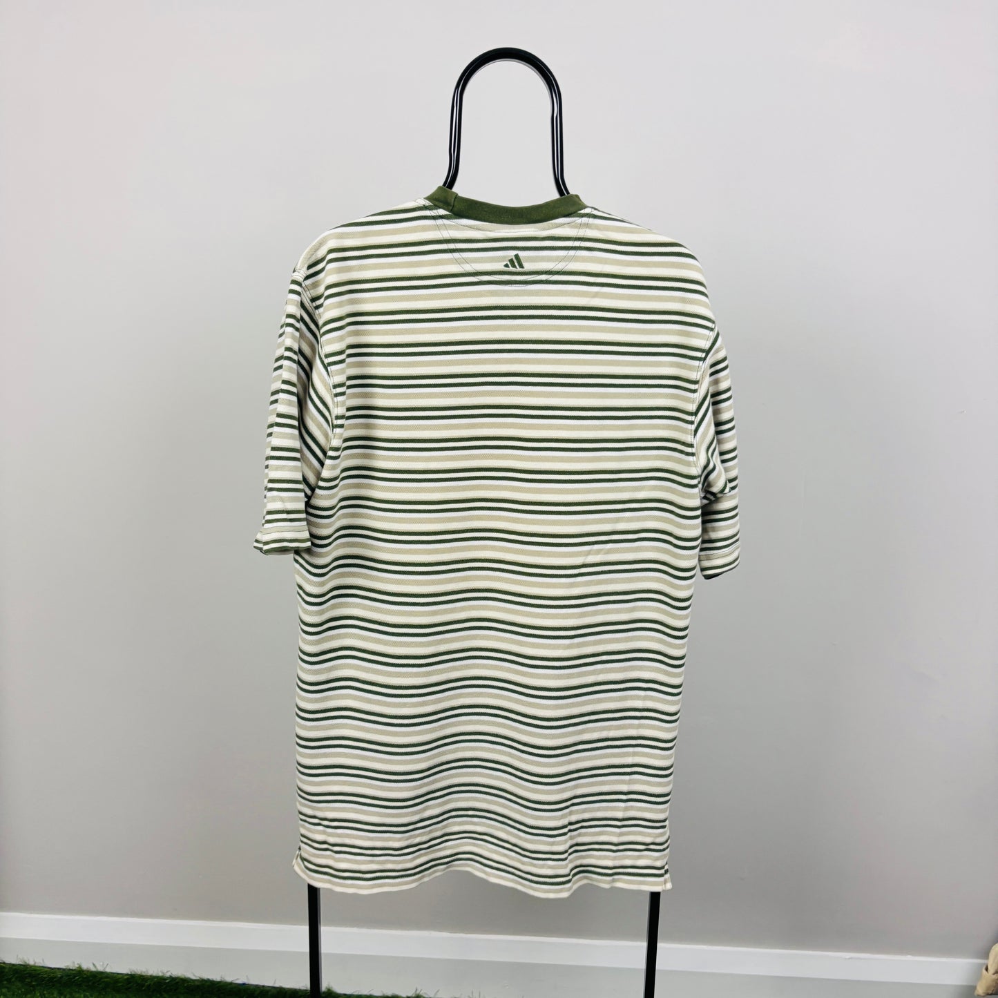 90s Adidas Striped T-Shirt Green Medium