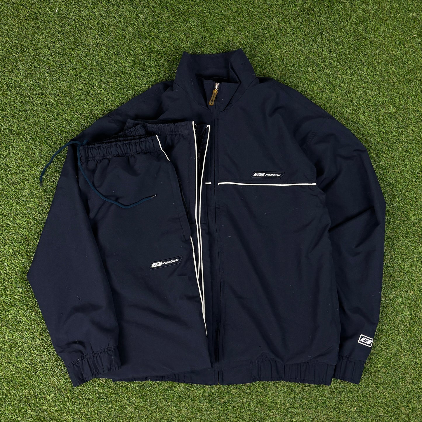 00s Reebok Piping Windbreaker Jacket + Joggers Set Blue Small