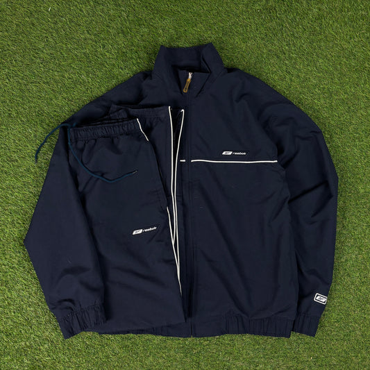 00s Reebok Piping Windbreaker Jacket + Joggers Set Blue Small