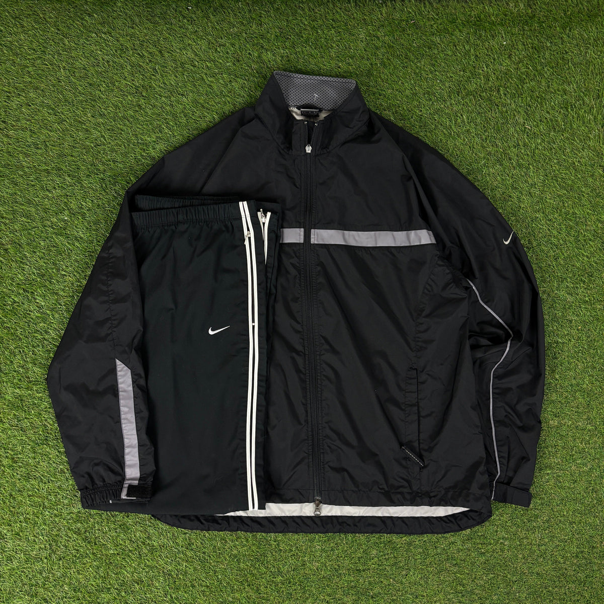 00s Nike Reflective Piping Tracksuit Jacket + Joggers Set Black Large