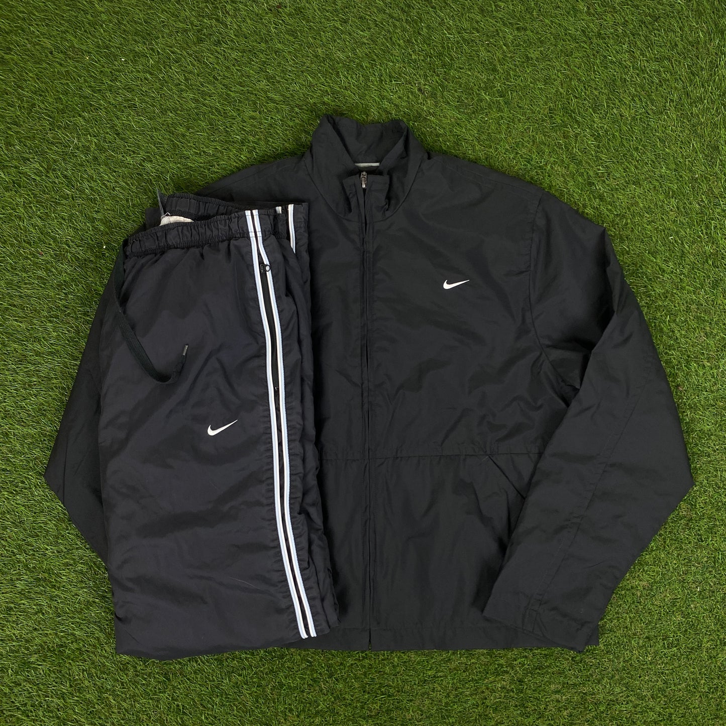 00s Nike Piping Windbreaker Jacket + Joggers Set Grey Medium