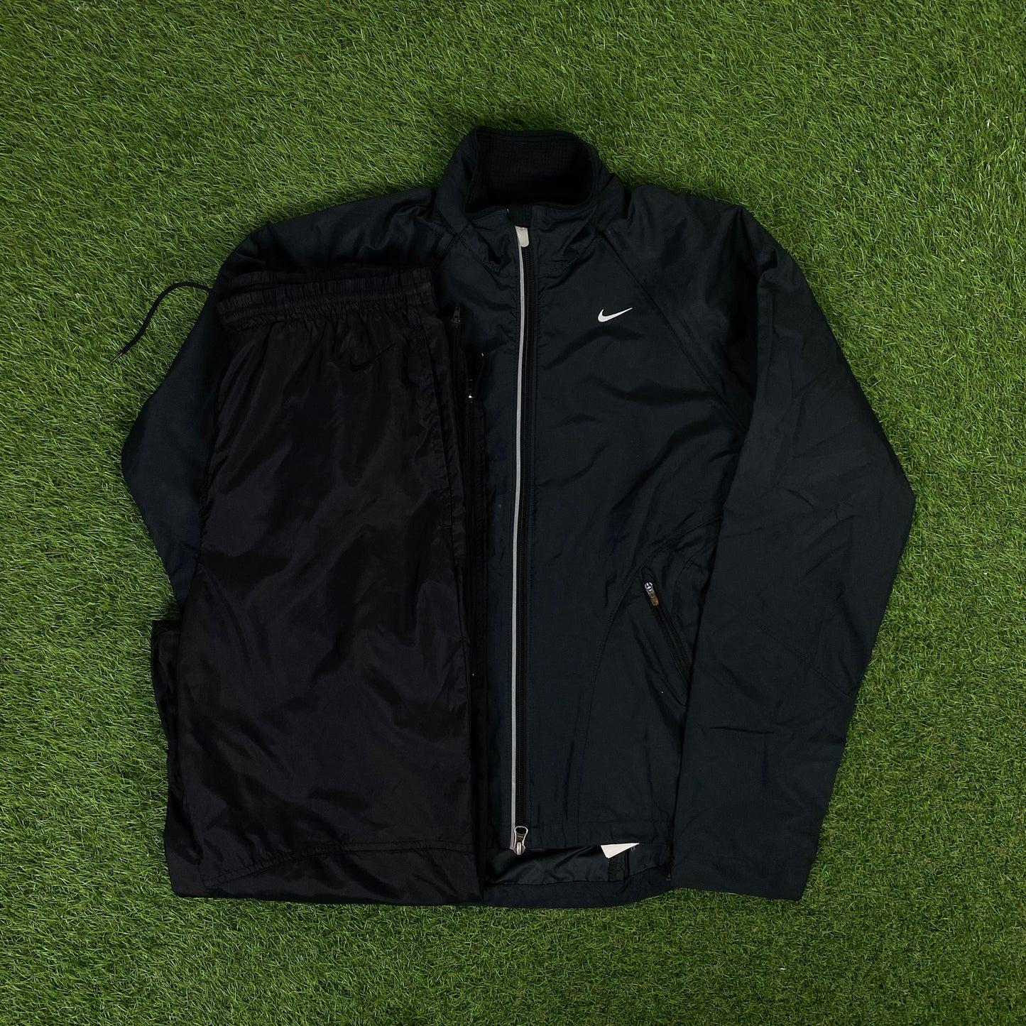 00s Nike Piping Windbreaker Jacket + Joggers Set Black Small