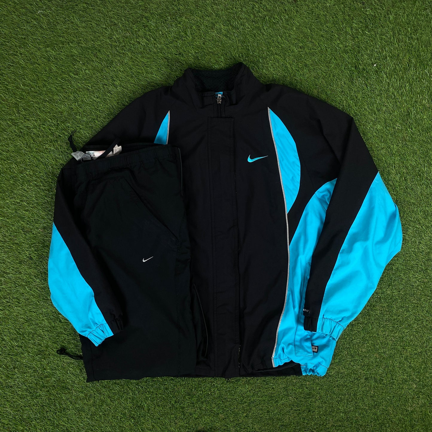 90s Nike Storm-Fit Piping Windbreaker Jacket + Joggers Set Blue Medium