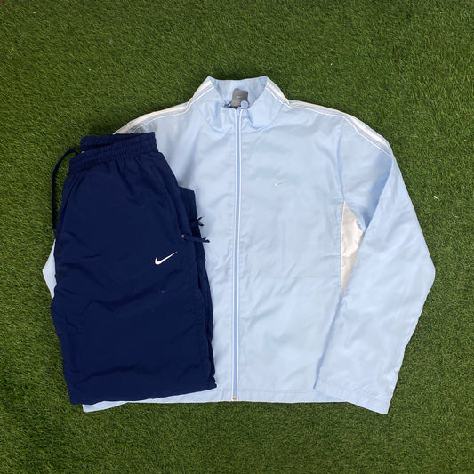 00s Nike Piping Windbreaker Tracksuit Set Jacket + Joggers Blue XL