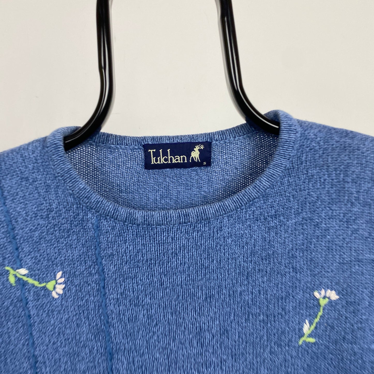 Retro Tulchan Flower Knit Sweatshirt Blue Small