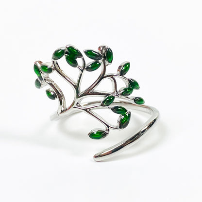 Retro Adjustable Emerald Tree Ring Silver