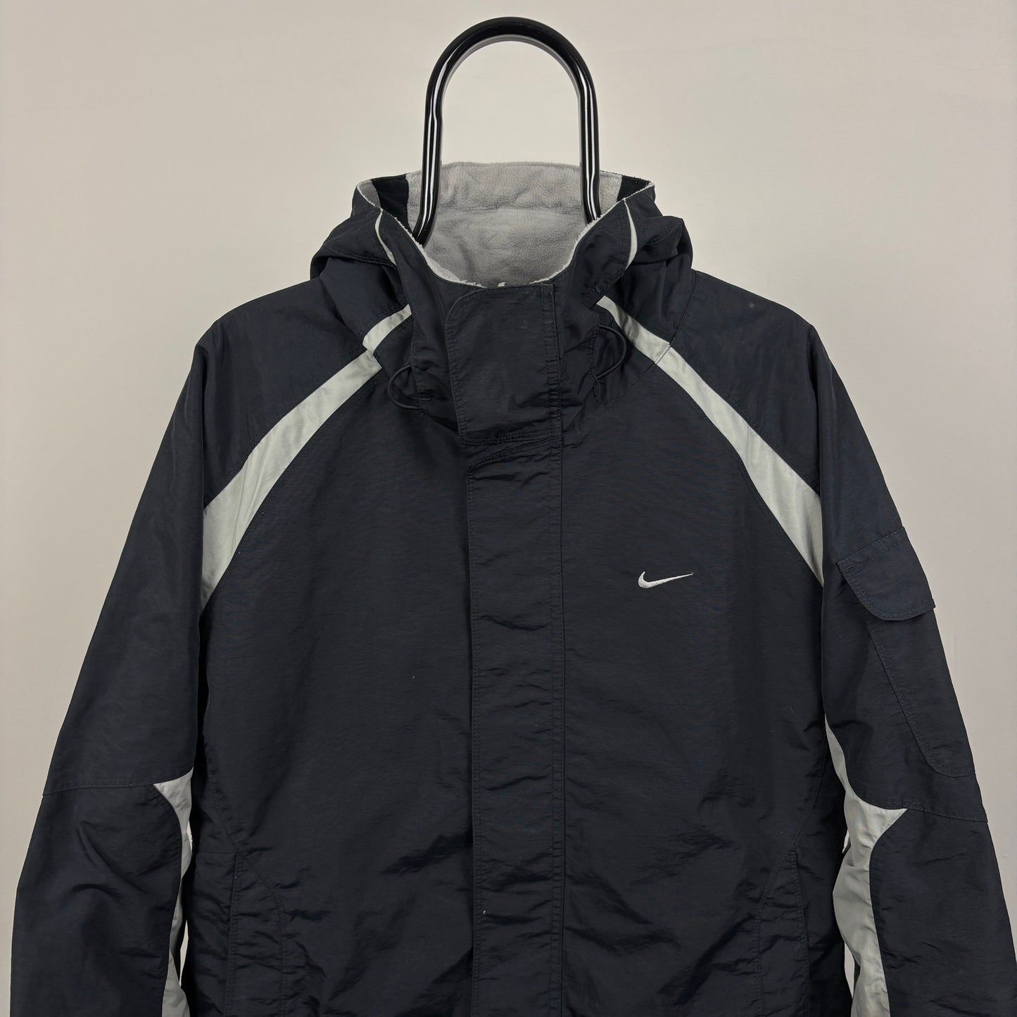 00s Nike Reversible Fleece Coat Jacket Black Grey Medium