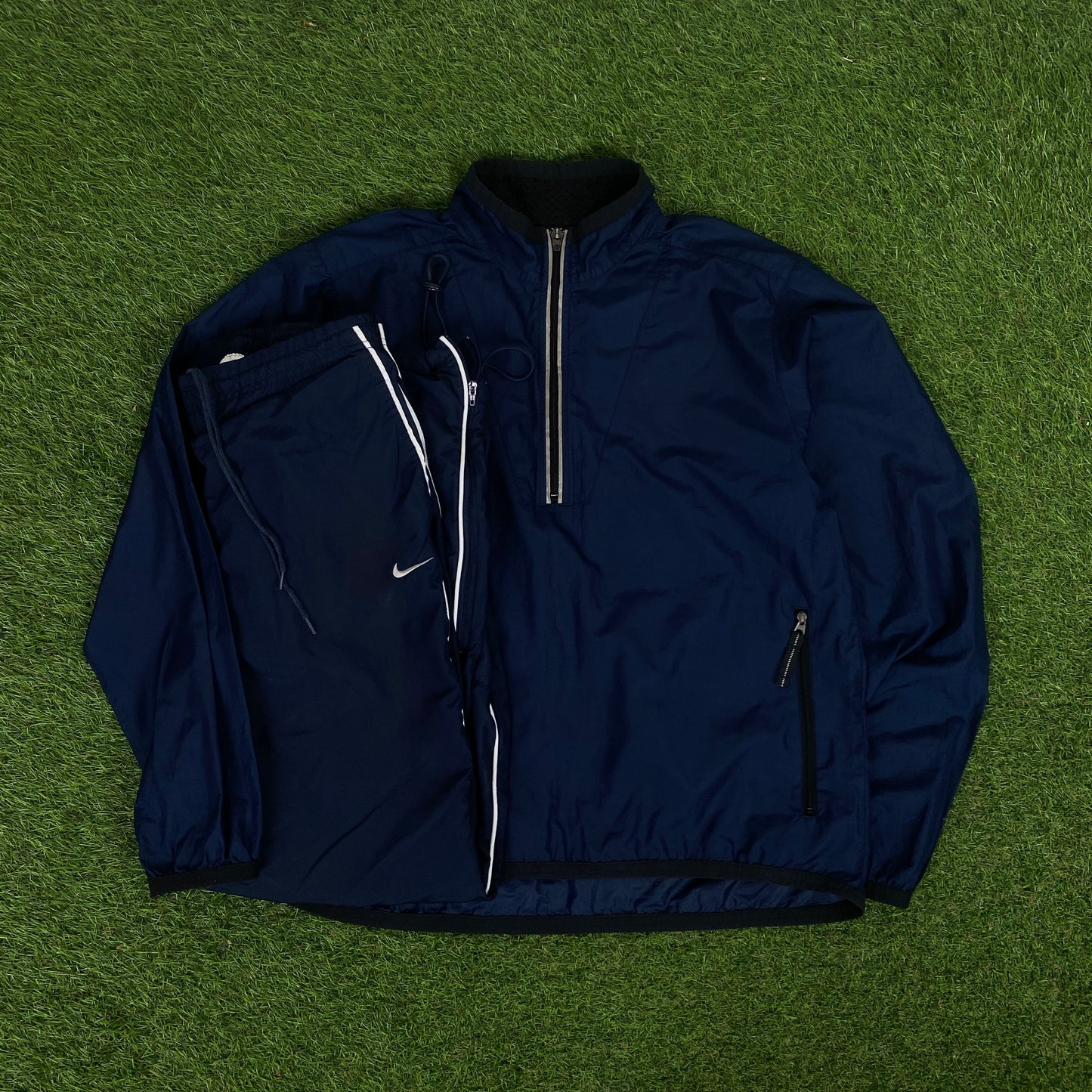 00s Nike Piping Windbreaker Jacket + Joggers Set Blue Small