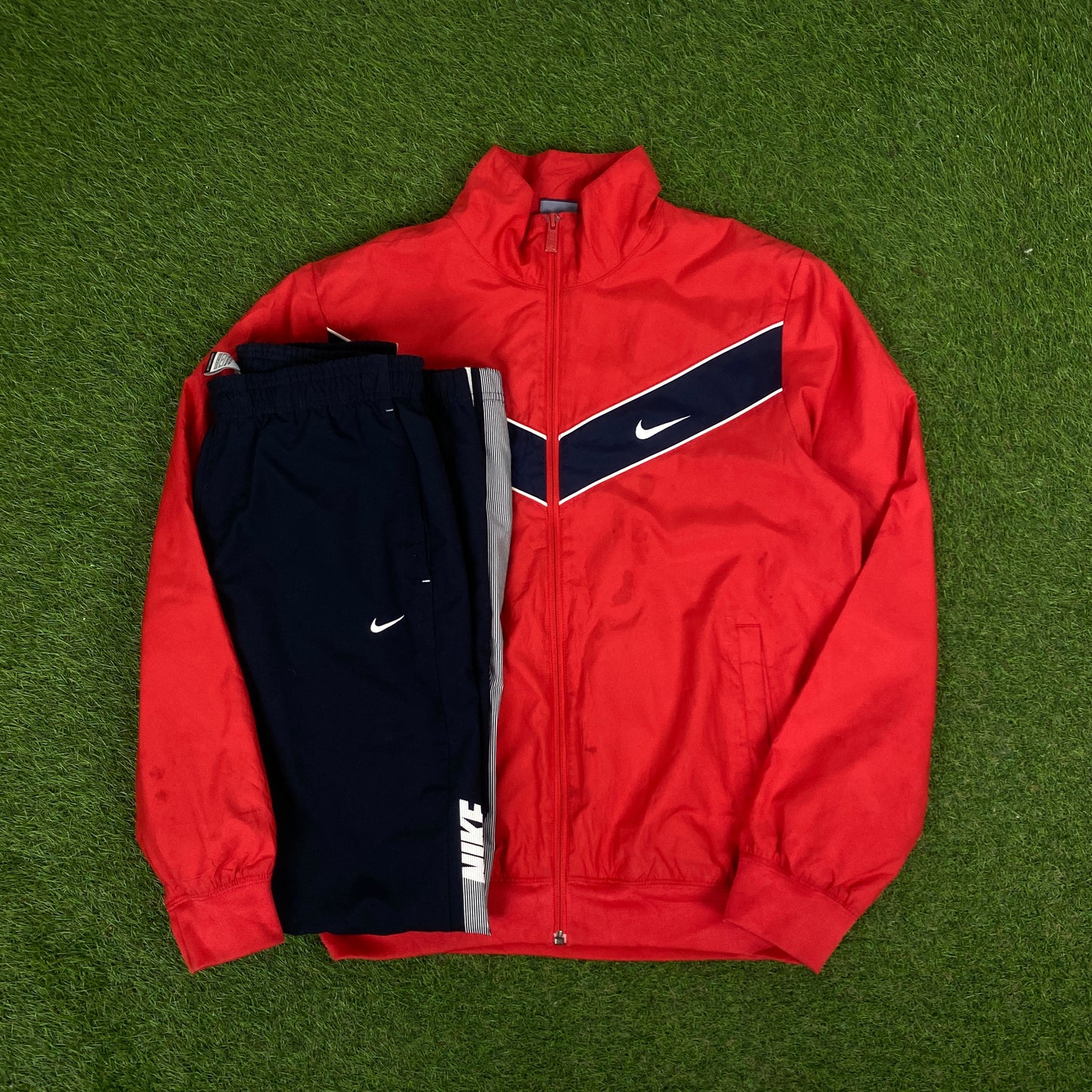 00s Nike Piping Windbreaker Jacket + Joggers Set Red Small