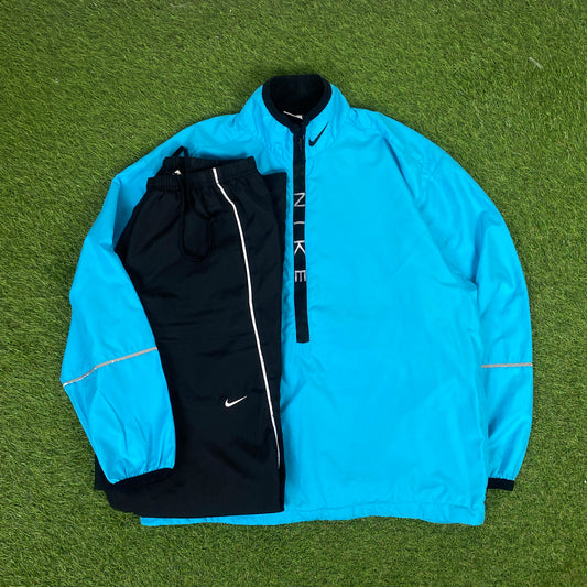 90s Nike Piping Windbreaker Jacket + Joggers Set Blue Medium