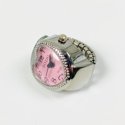 Retro Adjustable Heart Watch Ring Silver Pink